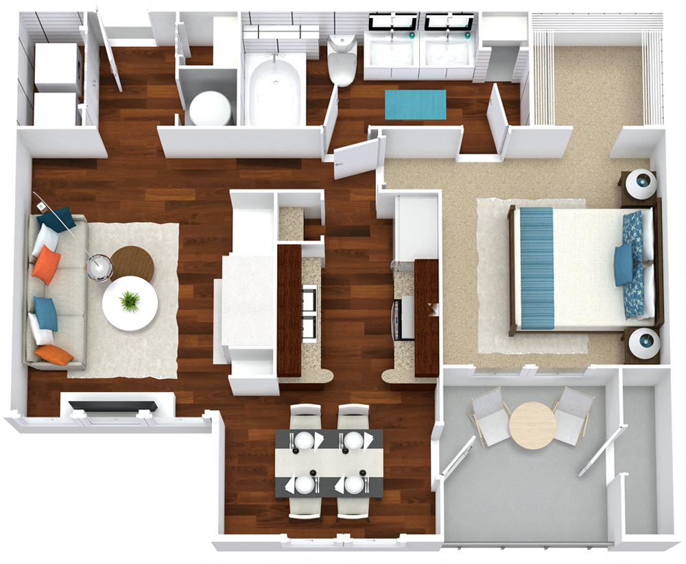 Floor plan for 1 bed, 1 bath, 858 sqft